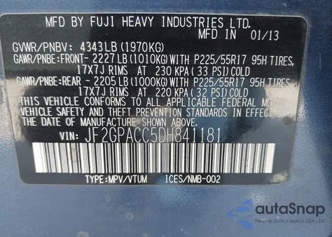 2013 Subaru Xv Crosstrek 2.0I Premium from USA, damaged, VIN JF2GPACC5DH841181